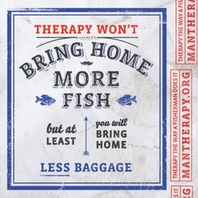 social media card with slogan reading "Therapy won't bring home more fish, but at least you will bring home less baggage."