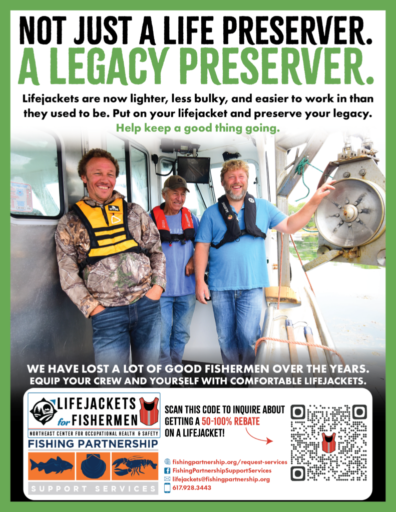 Legacy Preserver Two adult males stand with their father, each of them a lobsterman. They proudly show their boat in a PSA for life preserver use.
